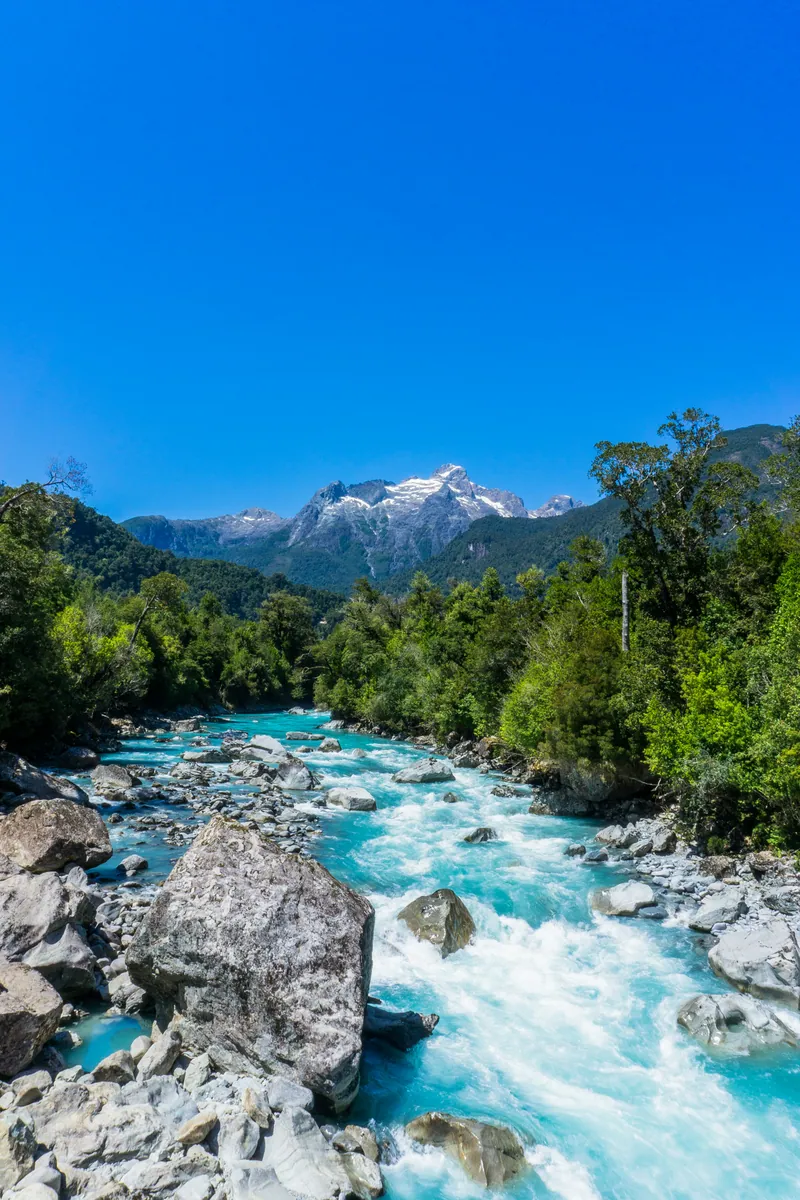 Türkisfarbener Gebirgsfluss rauscht zwischen hellen Felsblöcken durch den Wald, dahinter ein schneebedeckter Gipfel