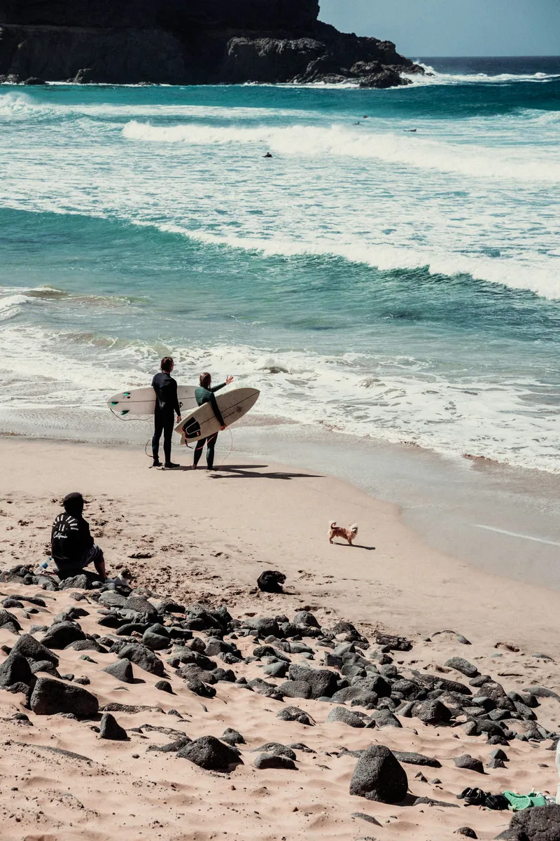 Zwei Surfer in Neoprenanzügen mit Brettern an einem Sandstrand mit dunklen Steinen, daneben ein kleiner Hund